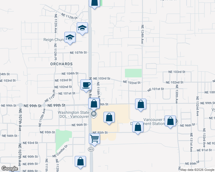 map of restaurants, bars, coffee shops, grocery stores, and more near 11909 Northeast 103rd Street in Vancouver