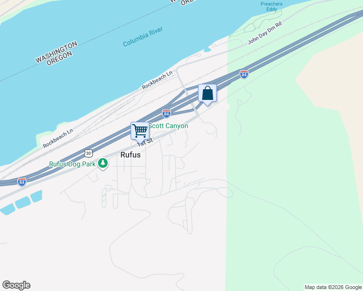 map of restaurants, bars, coffee shops, grocery stores, and more near 406 1st Street in Rufus
