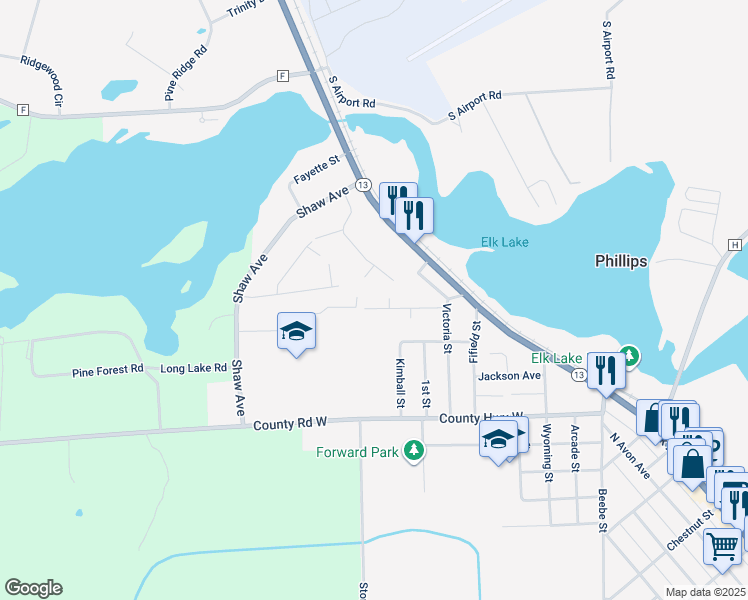 map of restaurants, bars, coffee shops, grocery stores, and more near 884 Pine Crest Avenue in Phillips