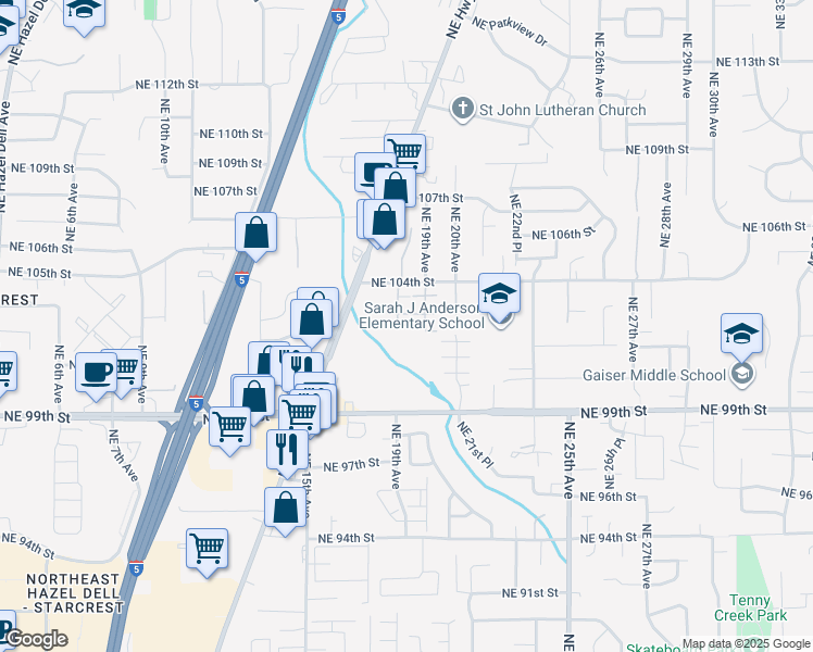 map of restaurants, bars, coffee shops, grocery stores, and more near 1838 Northeast 104th Loop in Vancouver