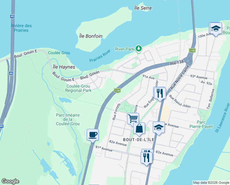 map of restaurants, bars, coffee shops, grocery stores, and more near 15792 Rue Sherbrooke Est in Montréal