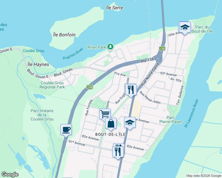 map of restaurants, bars, coffee shops, grocery stores, and more near 16122 Rue Forsyth in Montréal