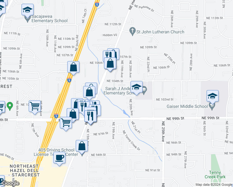 map of restaurants, bars, coffee shops, grocery stores, and more near 1838 Northeast 104th Loop in Vancouver
