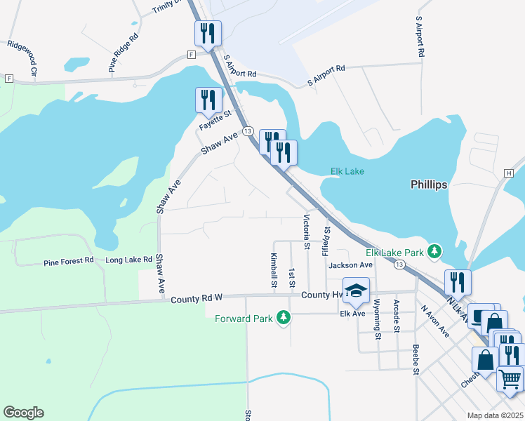 map of restaurants, bars, coffee shops, grocery stores, and more near 884 Pine Crest Avenue in Phillips