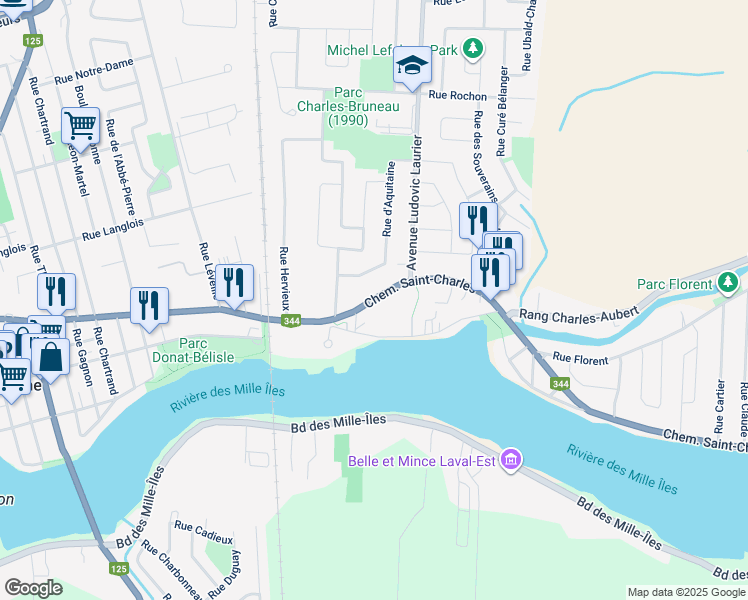 map of restaurants, bars, coffee shops, grocery stores, and more near 1622 Chemin Saint Charles in Terrebonne