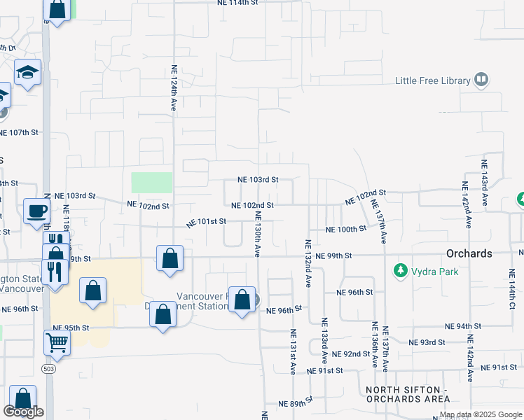 map of restaurants, bars, coffee shops, grocery stores, and more near 13002 Northeast 102nd Street in Vancouver