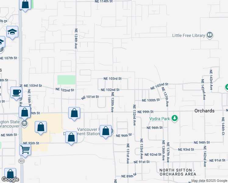 map of restaurants, bars, coffee shops, grocery stores, and more near 13002 Northeast 102nd Street in Vancouver