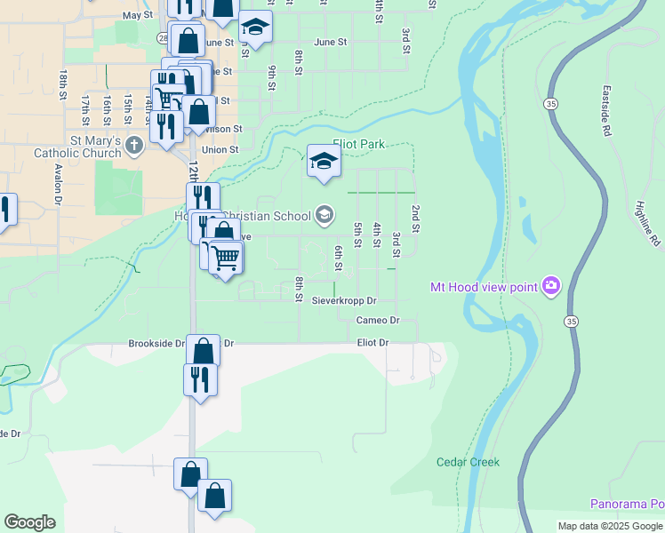 map of restaurants, bars, coffee shops, grocery stores, and more near 1766 6th Street in Hood River