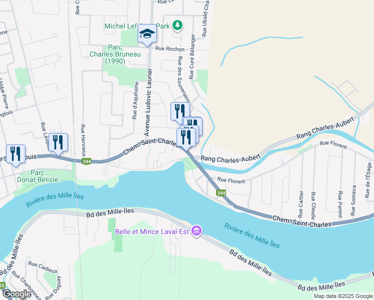 map of restaurants, bars, coffee shops, grocery stores, and more near 1727 Boulevard St Charles in Terrebonne