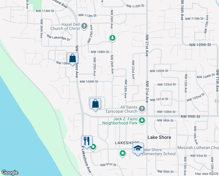 map of restaurants, bars, coffee shops, grocery stores, and more near 2617 Northwest 104th Street in Vancouver