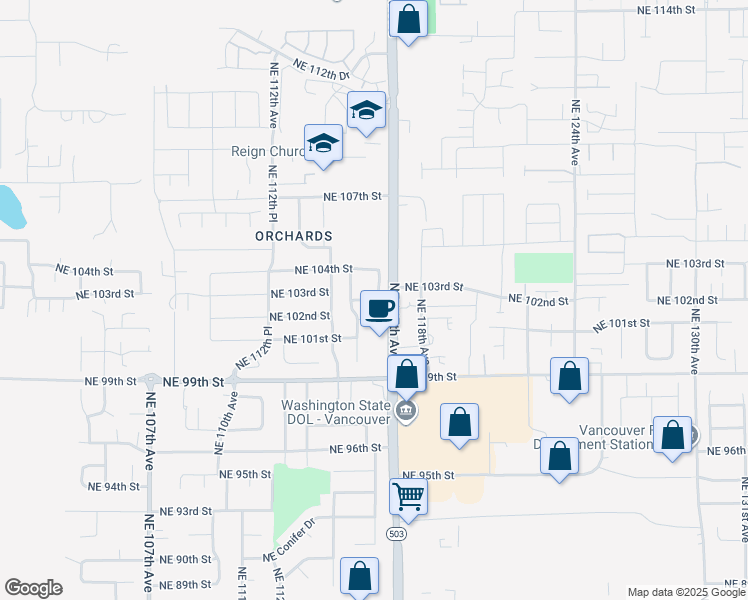 map of restaurants, bars, coffee shops, grocery stores, and more near 13112 Northeast 103rd Street in Vancouver