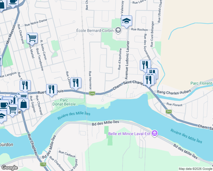 map of restaurants, bars, coffee shops, grocery stores, and more near 420 Rue de la Loire in Terrebonne