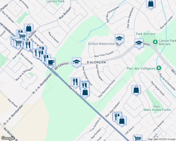 map of restaurants, bars, coffee shops, grocery stores, and more near 1417 Jean-Paul Riopelle in Blainville