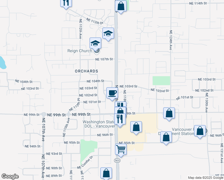 map of restaurants, bars, coffee shops, grocery stores, and more near 10309 Northeast 116th Place in Vancouver