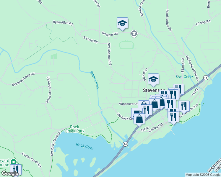 map of restaurants, bars, coffee shops, grocery stores, and more near 80 Northwest Lasher Road in Stevenson