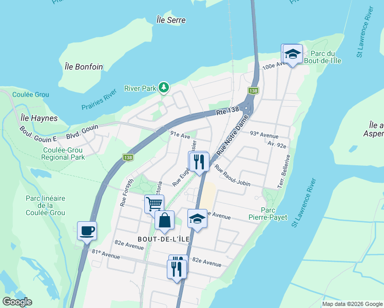 map of restaurants, bars, coffee shops, grocery stores, and more near 16173 Rue Eugénie Tessier in Montreal