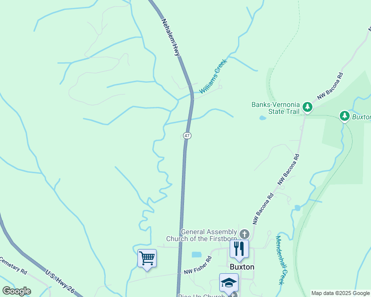 map of restaurants, bars, coffee shops, grocery stores, and more near 24300 Oregon 47 in Buxton