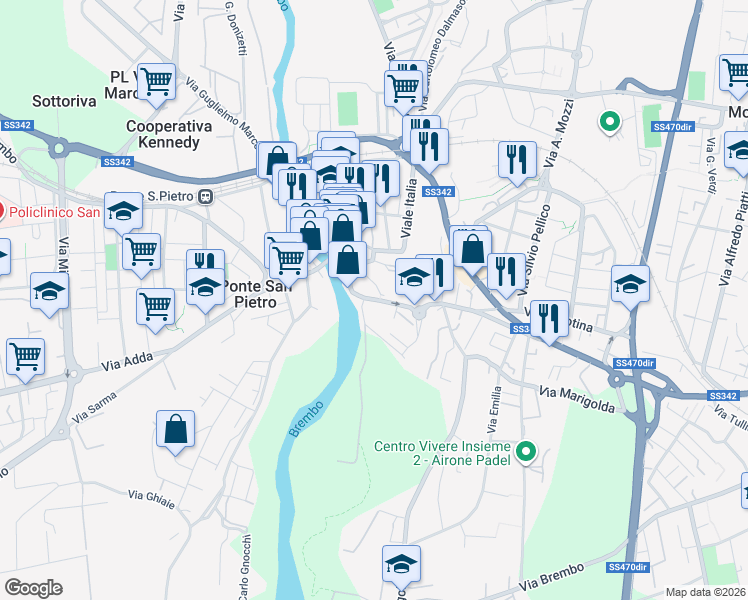 map of restaurants, bars, coffee shops, grocery stores, and more near 56 Via Vittorio Emanuele II in Ponte San Pietro