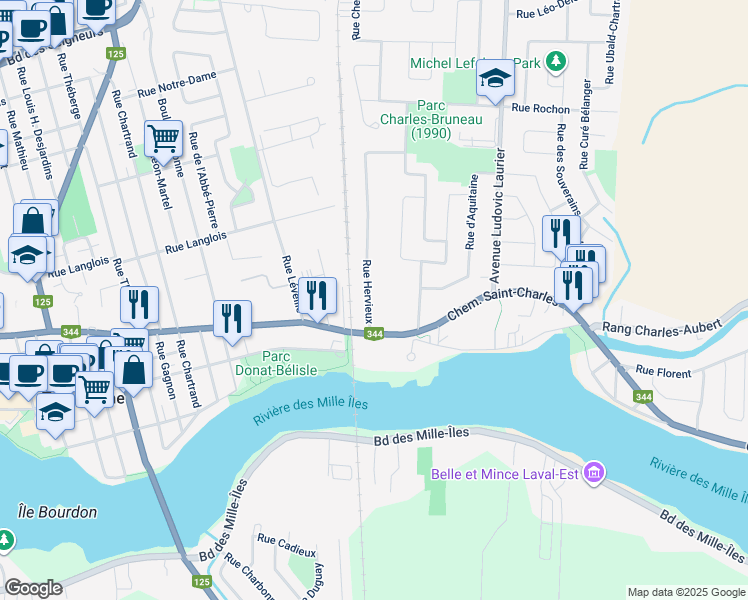map of restaurants, bars, coffee shops, grocery stores, and more near 417 Rue Hervieux in Terrebonne