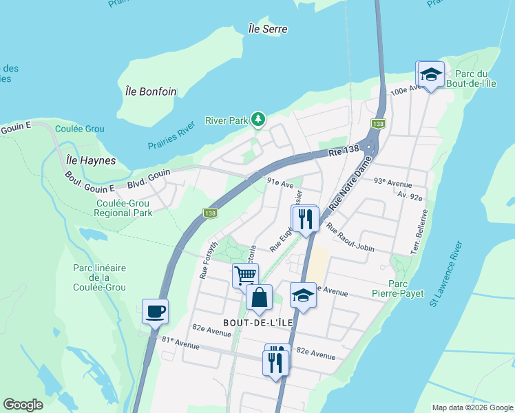 map of restaurants, bars, coffee shops, grocery stores, and more near 16239 Rue Forsyth in Montréal