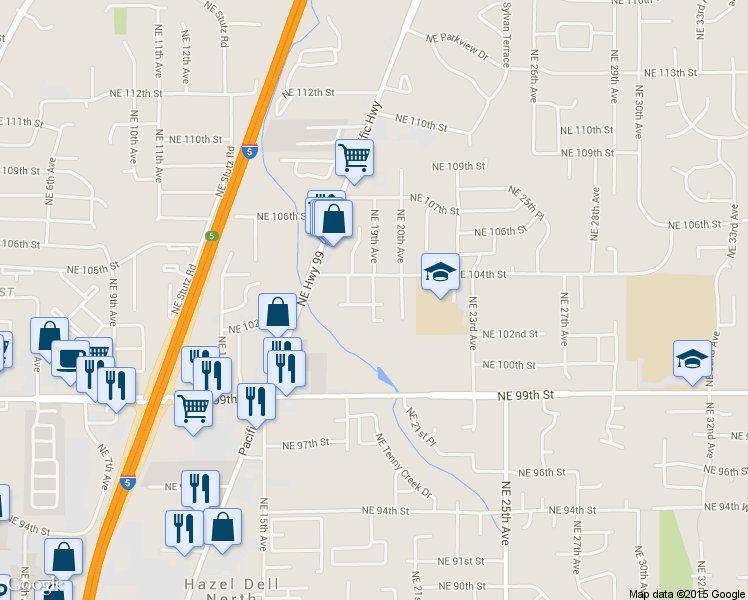 map of restaurants, bars, coffee shops, grocery stores, and more near 1838 Northeast 104th Loop in Vancouver