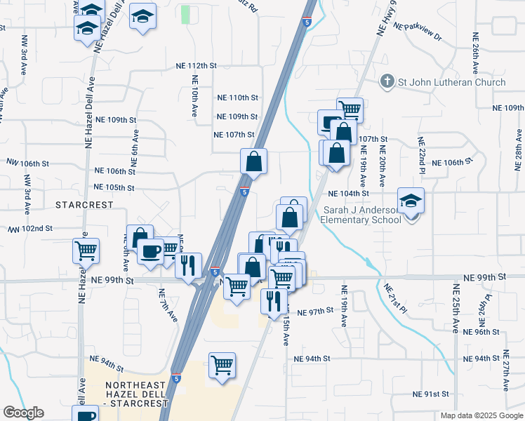 map of restaurants, bars, coffee shops, grocery stores, and more near 10301 Northeast 13th Avenue in Vancouver
