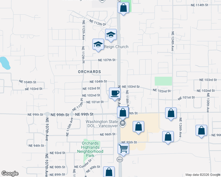 map of restaurants, bars, coffee shops, grocery stores, and more near 11608 Northeast 103rd Street in Vancouver