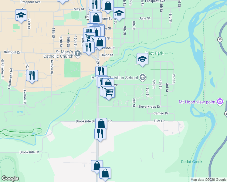 map of restaurants, bars, coffee shops, grocery stores, and more near 917 Pacific Avenue in Hood River