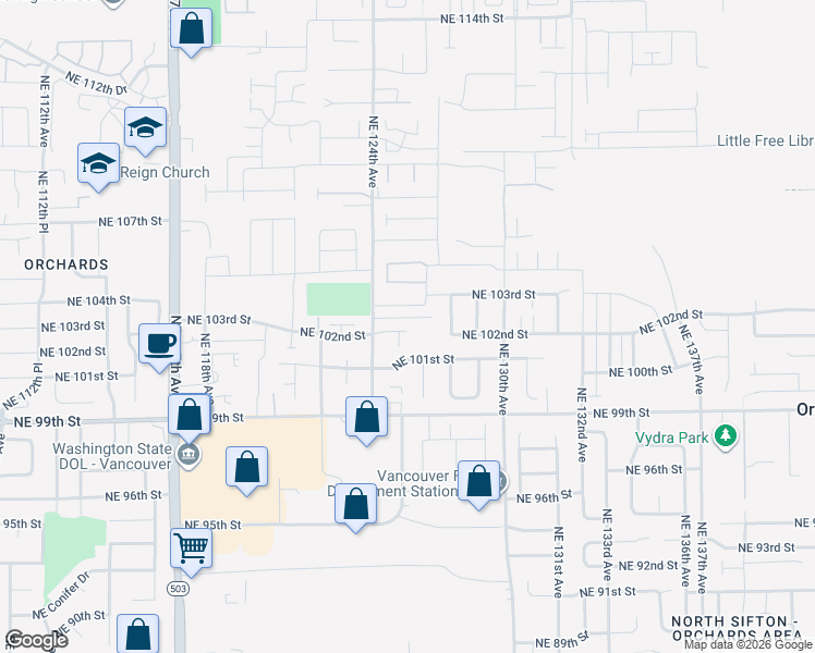 map of restaurants, bars, coffee shops, grocery stores, and more near 10115 Northeast 124th Avenue in Vancouver