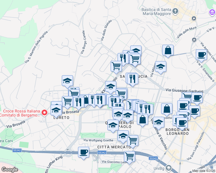 map of restaurants, bars, coffee shops, grocery stores, and more near 48 Via Giuseppe Mazzini in Bergamo