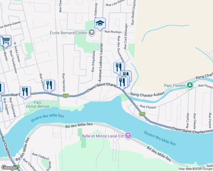 map of restaurants, bars, coffee shops, grocery stores, and more near 1744 Chemin Saint-Charles in Terrebonne