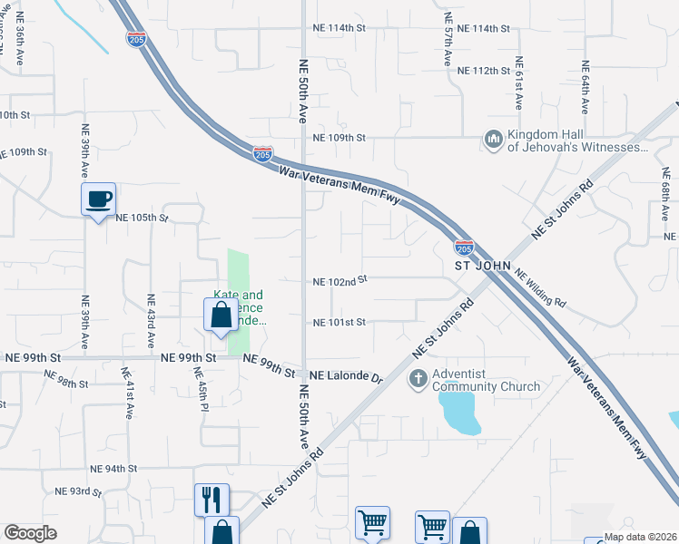 map of restaurants, bars, coffee shops, grocery stores, and more near 5112 Northeast 102nd Street in Vancouver