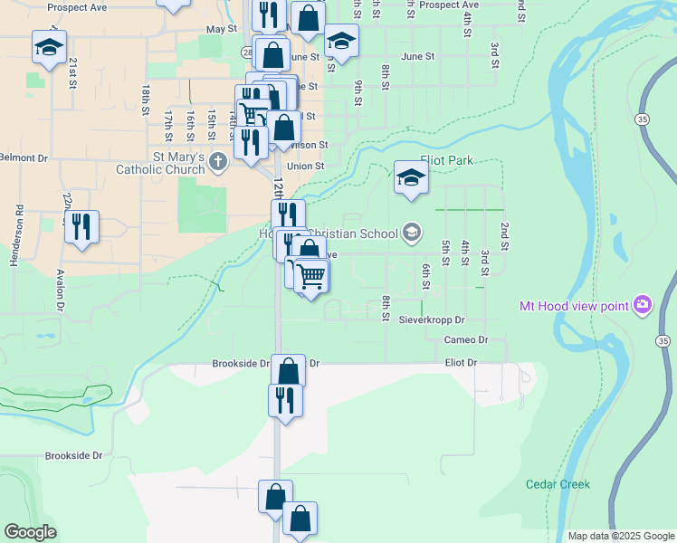 map of restaurants, bars, coffee shops, grocery stores, and more near 917 Pacific Avenue in Hood River