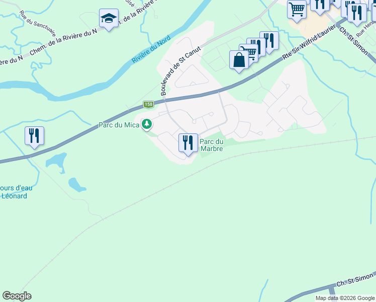 map of restaurants, bars, coffee shops, grocery stores, and more near 13000 Rue du Maquignon in Mirabel