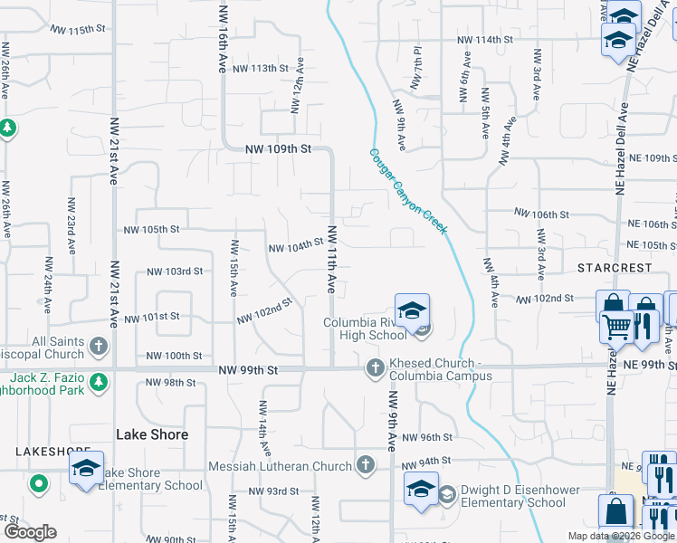 map of restaurants, bars, coffee shops, grocery stores, and more near 1011 Northwest 103rd Street in Vancouver