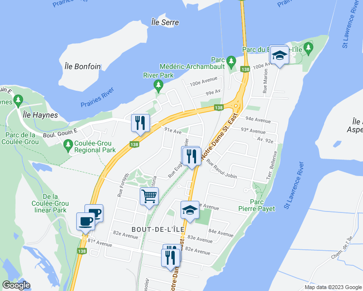 map of restaurants, bars, coffee shops, grocery stores, and more near 16245 Rue Eugénie-Tessier in Montréal