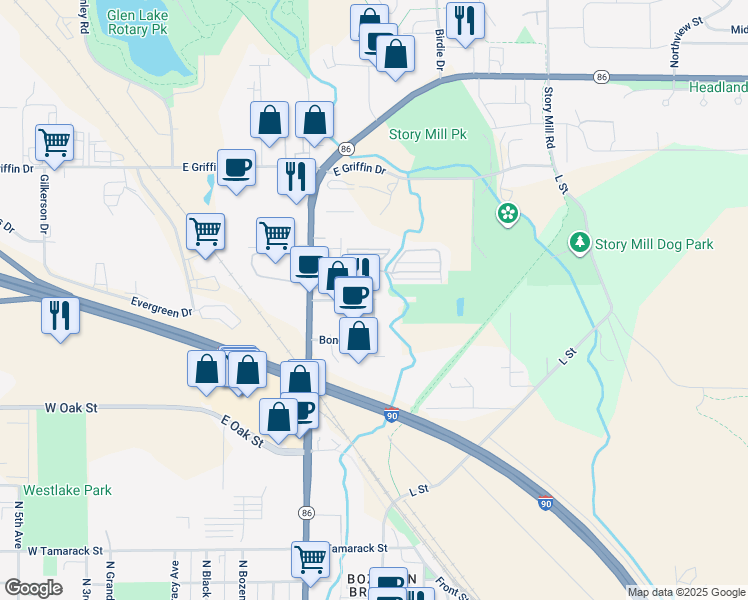 map of restaurants, bars, coffee shops, grocery stores, and more near 600 East Bryant Street in Bozeman