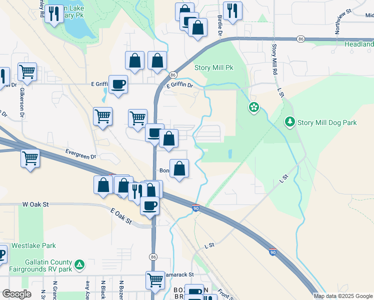 map of restaurants, bars, coffee shops, grocery stores, and more near 600-698 East Bryant Street in Bozeman