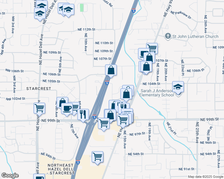 map of restaurants, bars, coffee shops, grocery stores, and more near 10301 Northeast 13th Avenue in Vancouver