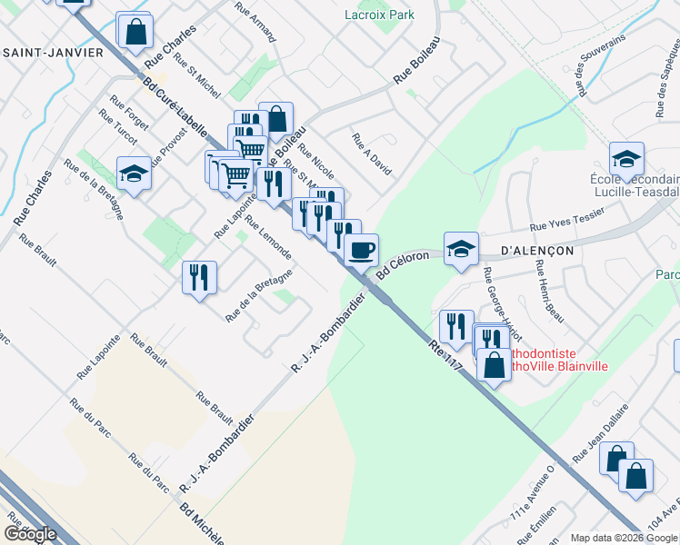 map of restaurants, bars, coffee shops, grocery stores, and more near 13200 Boulevard du Curé-Labelle in Mirabel