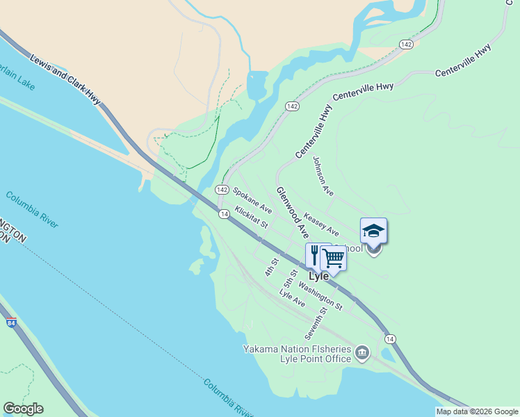 map of restaurants, bars, coffee shops, grocery stores, and more near 207 Spokane Avenue in Lyle