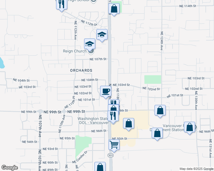 map of restaurants, bars, coffee shops, grocery stores, and more near 10309 Northeast 116th Place in Vancouver