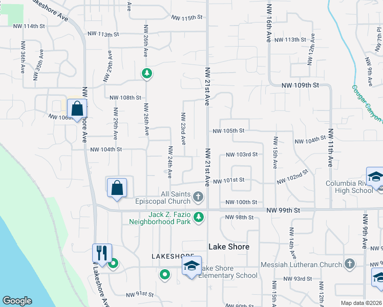 map of restaurants, bars, coffee shops, grocery stores, and more near 2212 Northwest 103rd Street in Vancouver