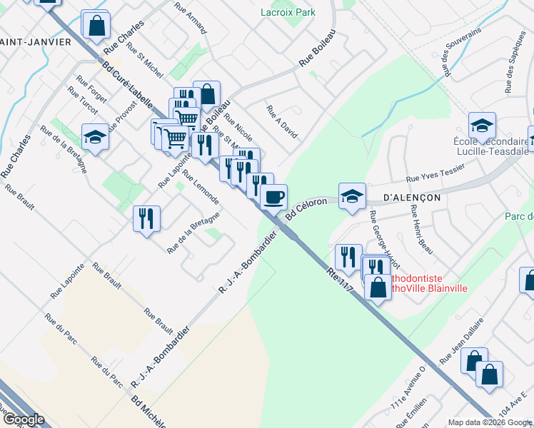 map of restaurants, bars, coffee shops, grocery stores, and more near 13200 Boulevard du Curé-Labelle in Mirabel