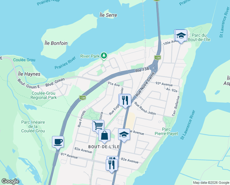map of restaurants, bars, coffee shops, grocery stores, and more near 16220 Rue Victoria in Montréal