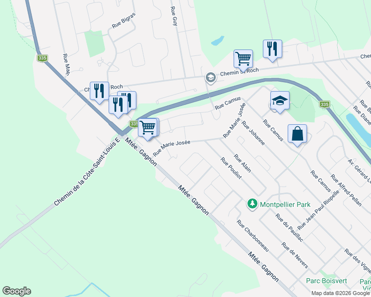 map of restaurants, bars, coffee shops, grocery stores, and more near 58 Place de Besançon in Terrebonne