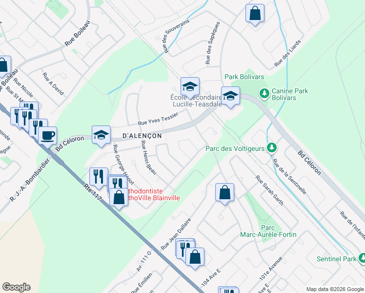 map of restaurants, bars, coffee shops, grocery stores, and more near 10 Rue Joseph-Bouchette in Blainville