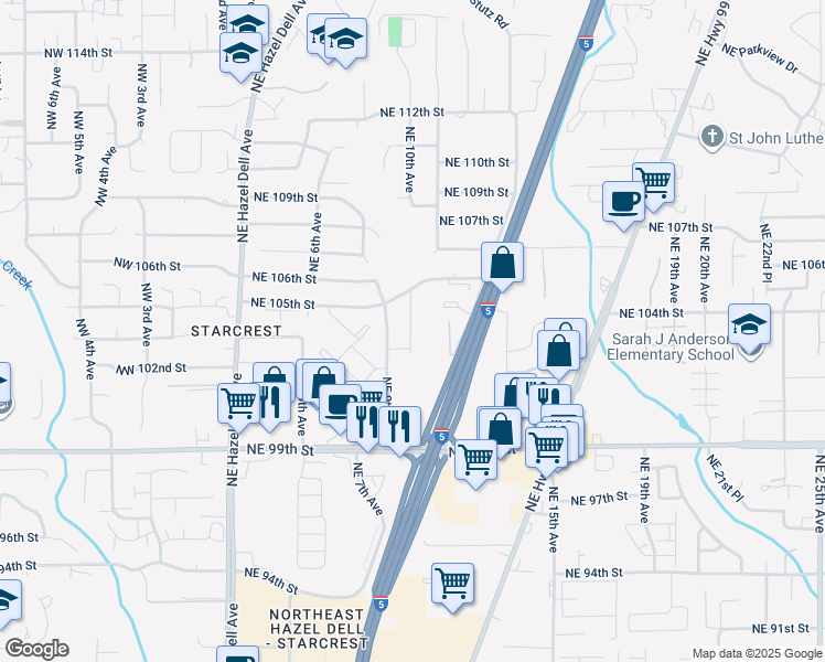map of restaurants, bars, coffee shops, grocery stores, and more near 10405 Northeast 9th Avenue in Vancouver
