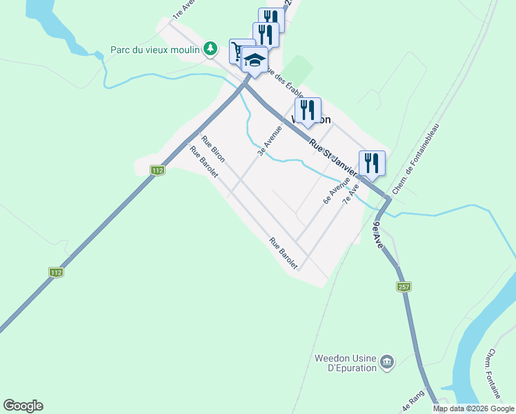 map of restaurants, bars, coffee shops, grocery stores, and more near 334 Rue Biron in Weedon