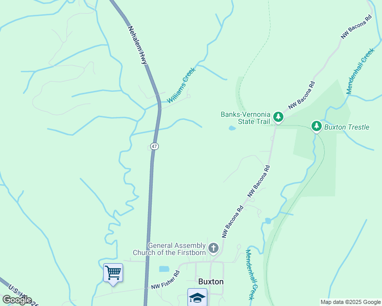 map of restaurants, bars, coffee shops, grocery stores, and more near 24300 Oregon 47 in Buxton